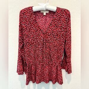 MICHAEL KORS | Red Floral Peplum Blouse Long Sleeve V-Neck Top | Size Small